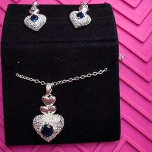 Sterling Silver Heart Pendant Necklace and Earrings Set with Blue Stone